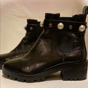 KARL LAGERFELD Black Leather Ankle Boots with Pearl Detailing